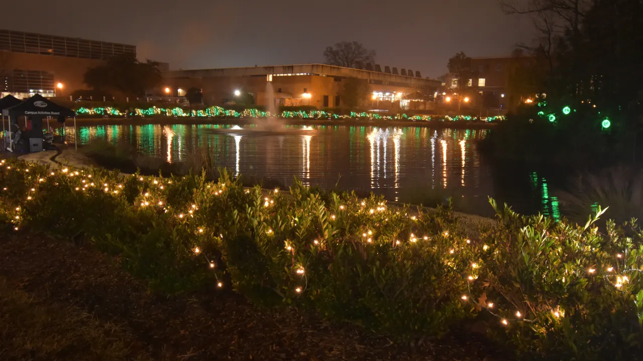 Lake lit up with lots of decorative lights